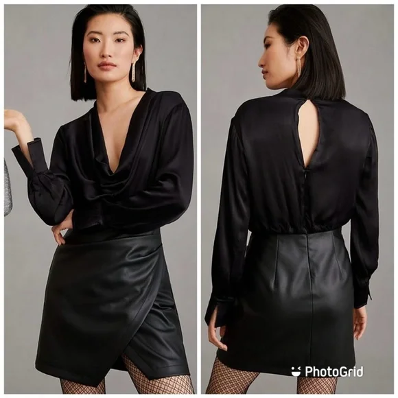 Anthropologie Maeve Plunge Black Faux Leather Dress size 14